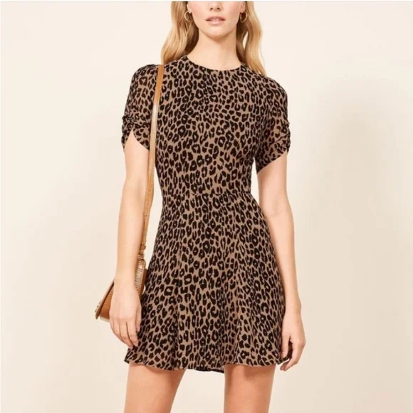 Reformation Gracie Tan and Black Leopard Print Mini Dress - Picture 2 of 10